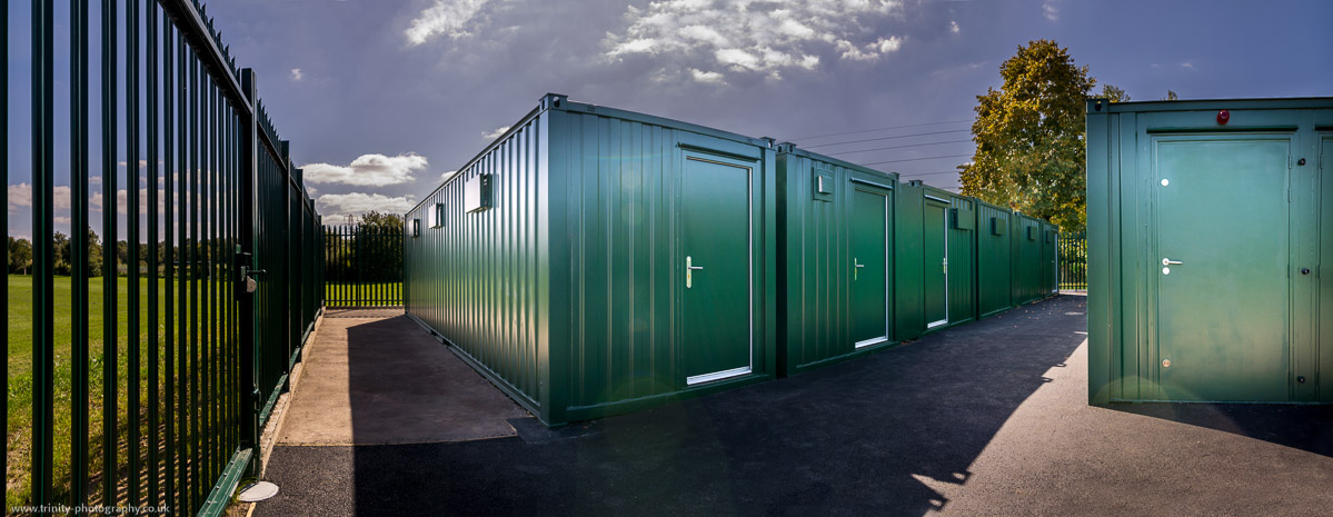 external panoramic vies of high security container module changing rooms at Black Ash Park,Lliswerry