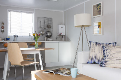 container housing kitchen and dining area